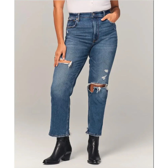 Abercrombie Ankle Straight Ultra High Rise Curve Love Medium Destroy Size 10L 30 - Picture 1 of 13
